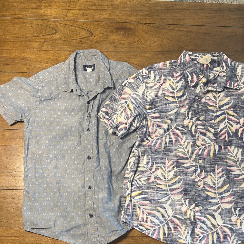 Kids Tropical Print and Blue Patterned Shirts, Size 14